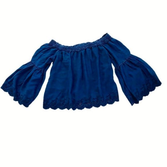 SOLD American Eagle Off Shoulder Blue Chambray Floral Eyelet Bell Sleeve Top S - Picture 2 of 11